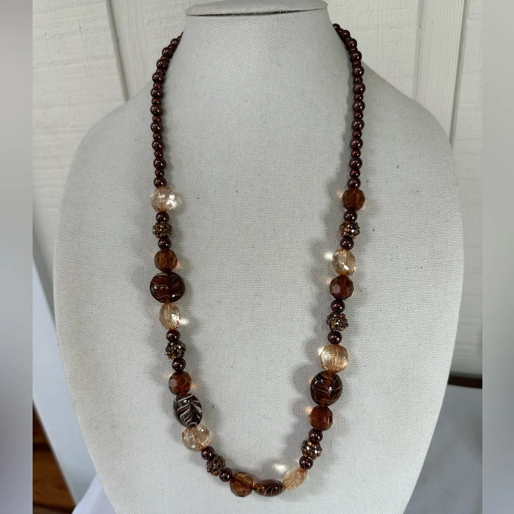 Long neutral brown tone glass bead sparkly necklace